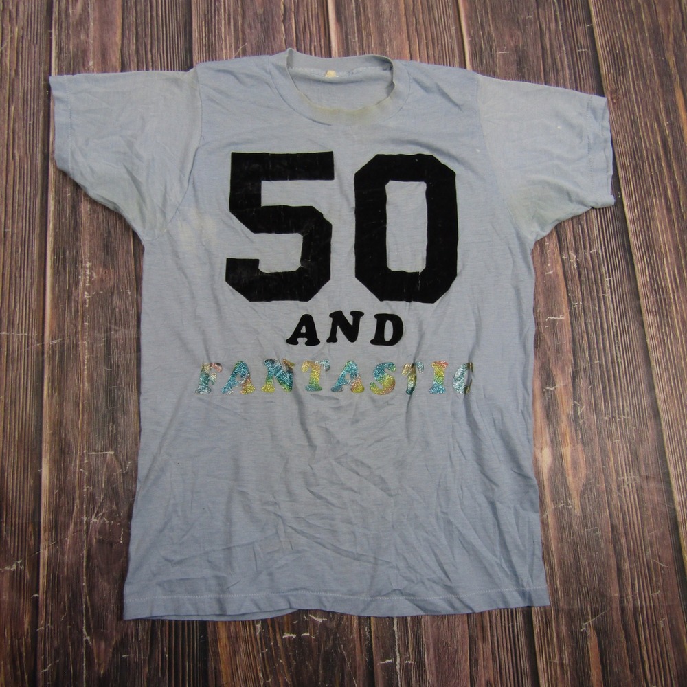 Vintage T-Shirt Mens Small Blue 50 and Fantastic Single Stitch Birthday Retro